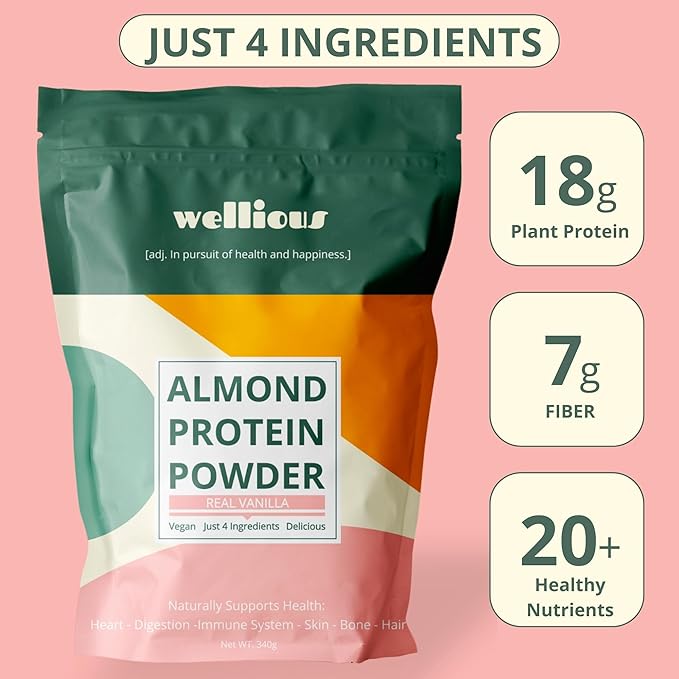 wellious Almond Protein Powder 3-pk (Vanilla Chocolate Unflavored) - 18 Grams of Pure Healthiest Vegan Protein Powder - Gluten-Free Soy-Free Gut Friendly Protein for Sports Nutrition