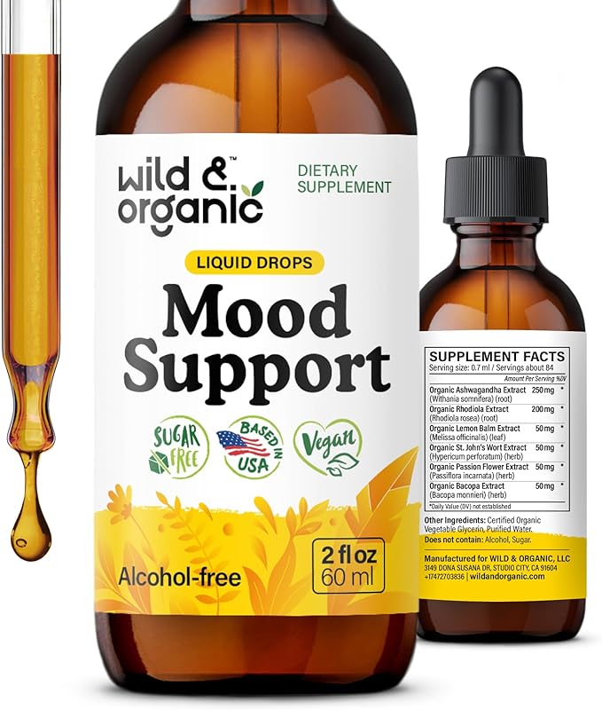 Wild &amp Organic Mood Support Drops - Good Mood Supplements w/Ashwagandha Root &amp Rhodiola Rosea - Natural Liquid Drops for Positive Energy - Calm and Relax Supplements for Women and Men - 2 oz