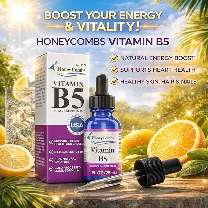 HoneyCombs Vitamin B5 Liquid Drops Pantothenic Acid 500% DV Liquid B5 Supplement Vegan Vitamin B Complex Liquid Fast Absorbing Vitamin Drops Daily Nutritional Support for Adults 1oz