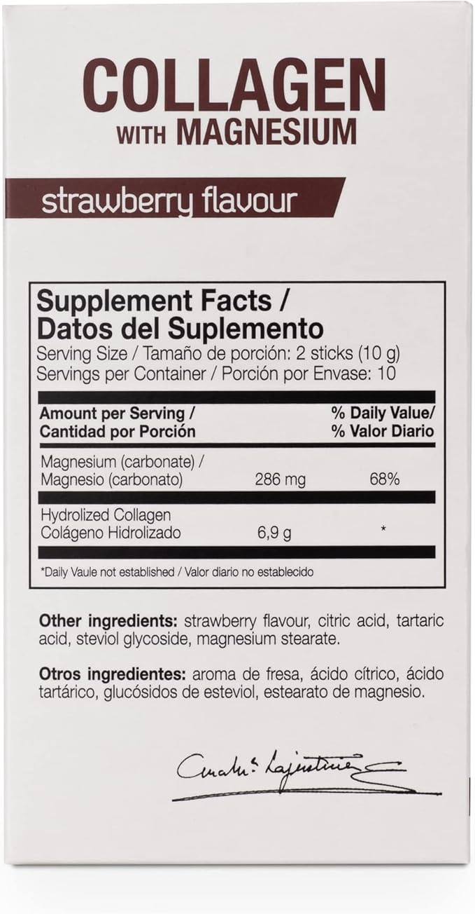 ANA MARIA LAJUSTICIA - Collagen + Magnesium Powder Sticks. Strawberry Flavour - Travel Pack. Hydrolized Collagen for Healthy Skin Bones Nails and Joints. Dairy Gluten and Sugar Free.