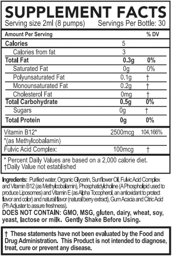 PURALITY HEALTH Micelle Liposomal Liquid Vitamin B12 with Fulvic Acid 2500 mcg. Combined Methylcobalamin with Organic Glycerin Extract Maximum Absorption Energy Boost Vegan Friendly
