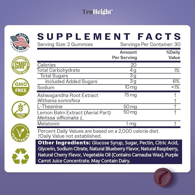 TruHeight Sleep Gummies - Kids &amp Teen Natural Sleep Aid for Tall &amp Growing Bodies - Pediatric Recommended Growth - Melatonin Gummy Ashwagandha L-Theanine Lemon Balm - Mixed Berry Taller Ag