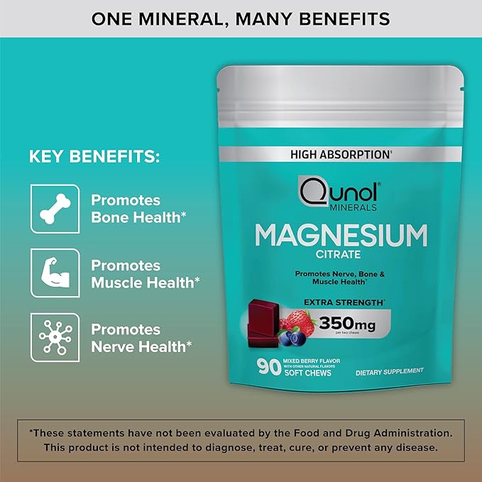 Qunol Magnesium Citrate Soft Chews 350mg Extra Strength Magnesium Supplement High Absorption to Support Nerve Bone and Muscle Health 90 Count