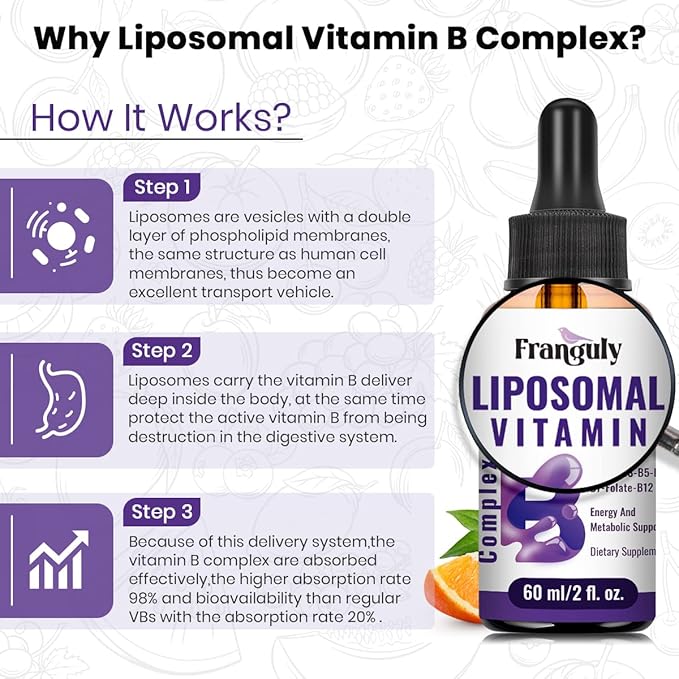 Liposomal Vitamin B Complex Liquid Sublingual B Complex Vitamins Supplement for Women Men Improved Absorption Methylated B12B1 B2 B3 B5 B6FolateBiotin for Energy And Immune Support-6.0 oz