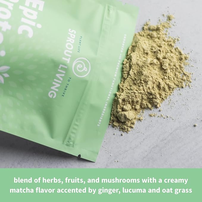 Sprout Living Epic Protein Plant Based Protein &amp Superfoods Powder Mindful Matcha | 17 Grams Organic Protein Powder Vegan Non-GMO Gluten Free Adaptogens + Nootropics (1 Pound 12 Servings)