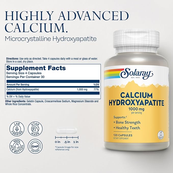 Solaray Calcium Hydroxyapatite 1000mg - Calcium Supplements for Women &amp Men Hydroxyapatite Powder Capsules Healthy Teeth and Bone Support - 120 Capsules