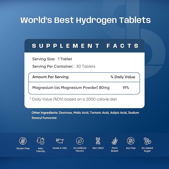 Molecular Hydrogen H₂ Tablets 12 PPM | Neutralize The Effects of Oxidative Stress &amp Free Radicals | Supports Cellular Health | Bioavailable Source of Magnesium | 30 Tablets