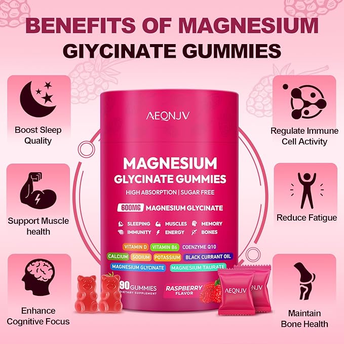 Magnesium Glycinate Gummies 600mg High Absorption Magnesium Complex Sugar Free Chewables Gummies with VitaminD &amp B6 CQ10 for Adults &amp Kids Relaxation Muscle &amp Zzz Support