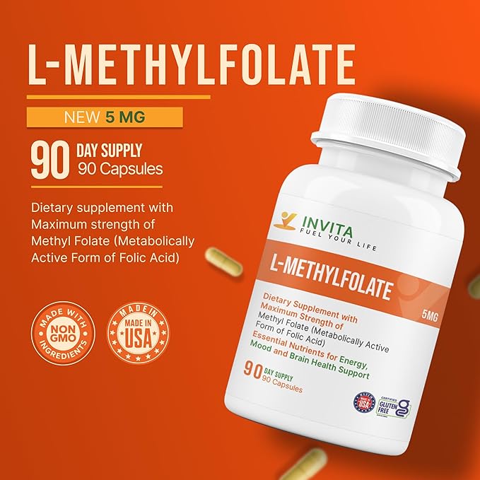 INVITA L-Methylfolate 5mg – Physician Formulated Active Methyl Folate - 5-MTHF Supplement for Energy Mood &amp Brain Health Support - Non GMO Gluten Free 90 Capsules (3 Month Supply)