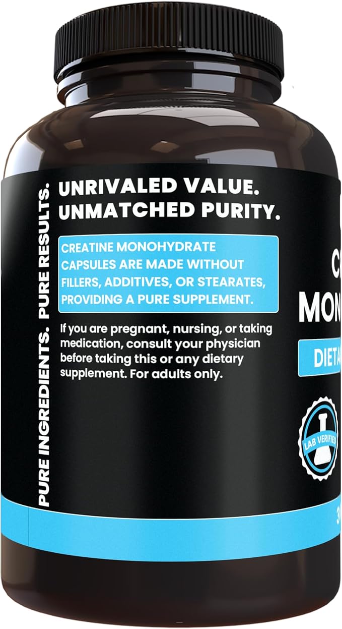 PURE ORIGINAL INGREDIENTS Creatine Monohydrate (365 Capsules) No Magnesium Or Rice Fillers Always Pure Lab Verified
