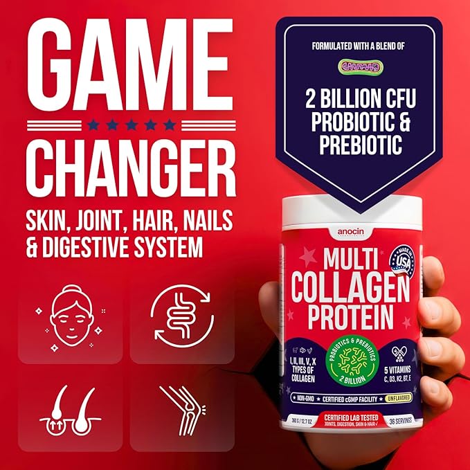 Multi Collagen Peptides w/Prebiotic + Probiotics + Type I II III V X + Hydrolyzed Collagen Powder w/Vitamin C+D3+B7+K2+E Hyaluronic Acid Supports Skin Hair Nail Joint Grass-Fed Non-GMO (2)