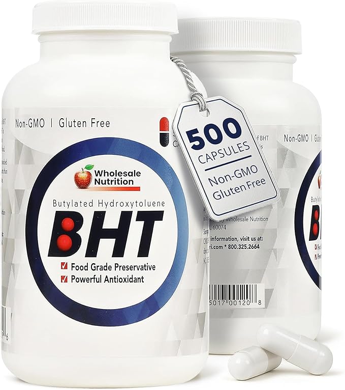 Wholesale Nutrition BHT - 250mg Potent Antioxidant - Non-GMO Gluten-Free - Enhance Oil/Fat Preservation - Pure Butylated Hydroxytoluene for Foods/Oils - 500 Capsules