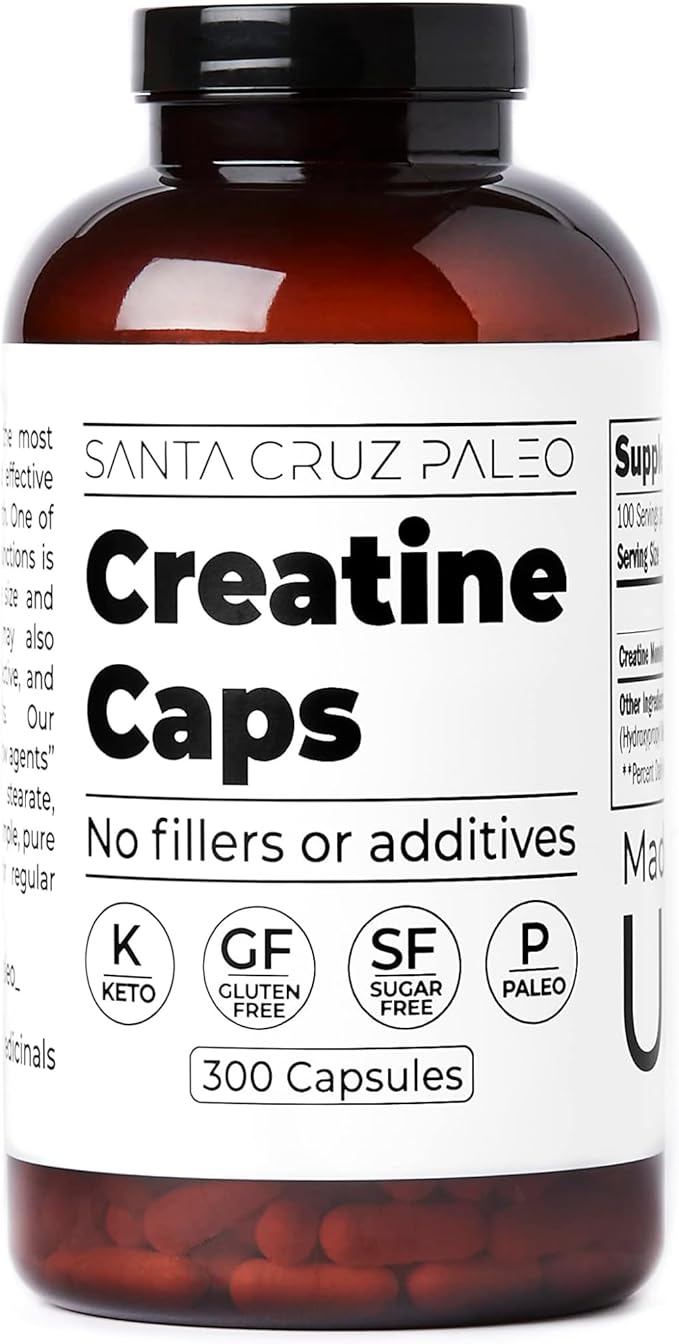 Santa Cruz Paleo Creatine Capsules Supports Muscle Growth &amp Energy Gluten Free Keto Sugar Free Paleo No Fillers or Additives Creatine Monohydrate Pills 2500mg 100 Servings 300 Capsules