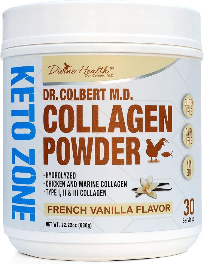 Dr. Colbert MD Hydrolyzed Collagen Powder | Vanilla Flavor | by Divine Health | Type I II III Chicken &amp Marine Collagen | Keto Zone | Support Hair Skin Nails &amp Joints | 630g | 30 Servings