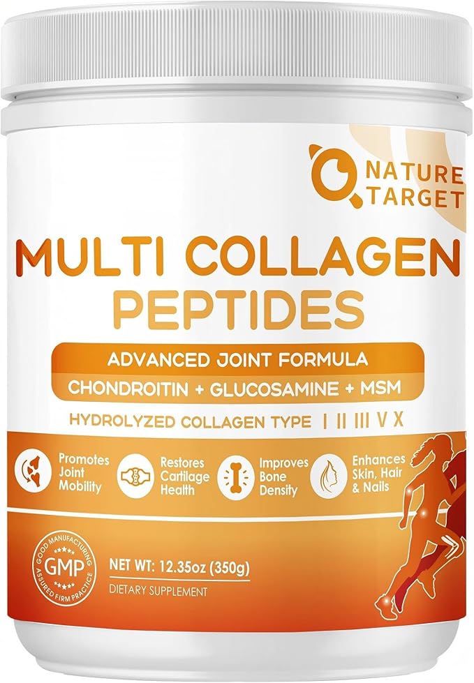 NATURE TARGET Multi-Collagen-Peptides-Powder for Joint Support Hydrolyzed Collagen for Women Men with MSM + GC Type I II III V X Collagen for Skin Hair &amp Nail Non-GMO 35 Servings