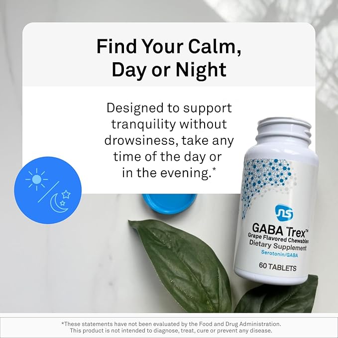 Neuroscience GABA Trex - Chewable GABA &amp L-Theanine Supplement and Calm Aid for Rest Relaxation and Stress Support - Vegan Sleep Aid Tablets - Grape Flavored (60 Tablets)
