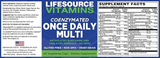 LSV LifeSource Vitamins Coenzymated Once Daily Multi Methylated B-Vitamins Chelated Minerals Iron-Free Vegetarian (60 Caps)