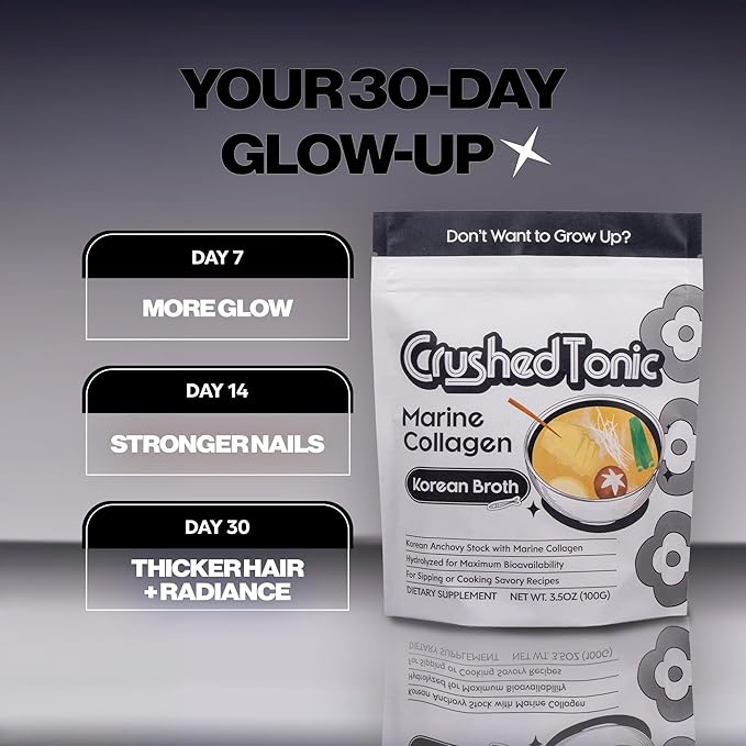 Crushed Tonic Marine Collagen Powder Korean Beauty Drink with Hydrolyzed Collagen Peptides for Skin Hair &amp Nails | Gluten-Free Halal &amp Kosher (Umami Korean Broth 100 g Servings Pouch)