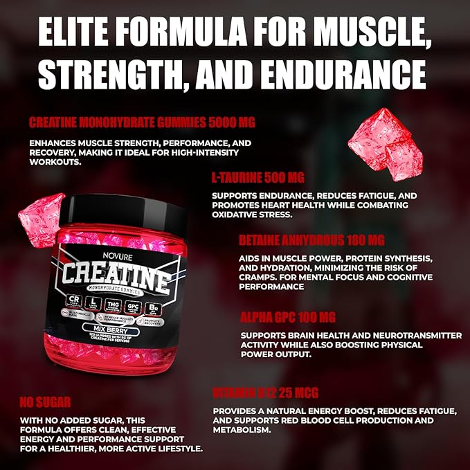 Creatine Monohydrate Gummies 5000mg – Advanced Muscle &amp Focus Blend with Alpha GPC B12 &amp Taurine – Vegan Sugar-Free Blueberry &amp Raspberry Flavors – Made in USA 120 Gummies (30 Servings