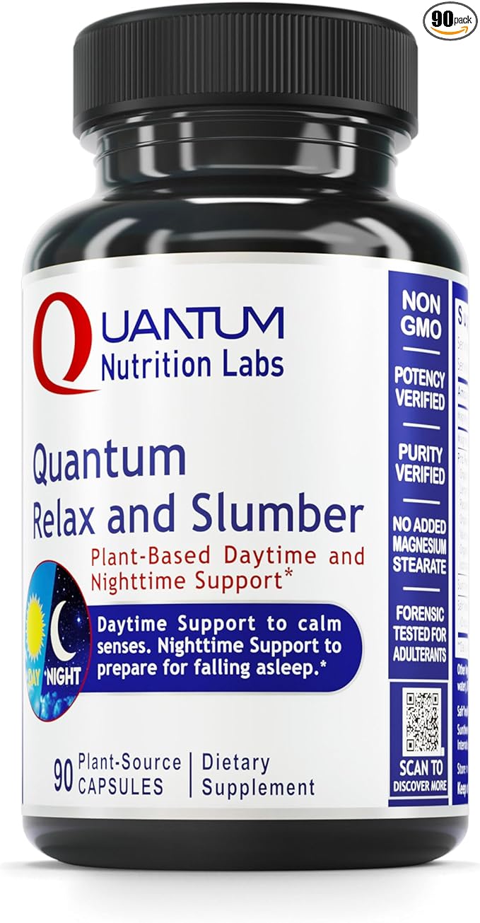 Quantum Nutrition Labs Quantum Relax and Slumber - Sleep Supplement with Magnesium Malate &amp L-Theanine Natural Calm Complex with Lemon Balm &amp Valerian Root for Women &amp Men - 90 Capsules