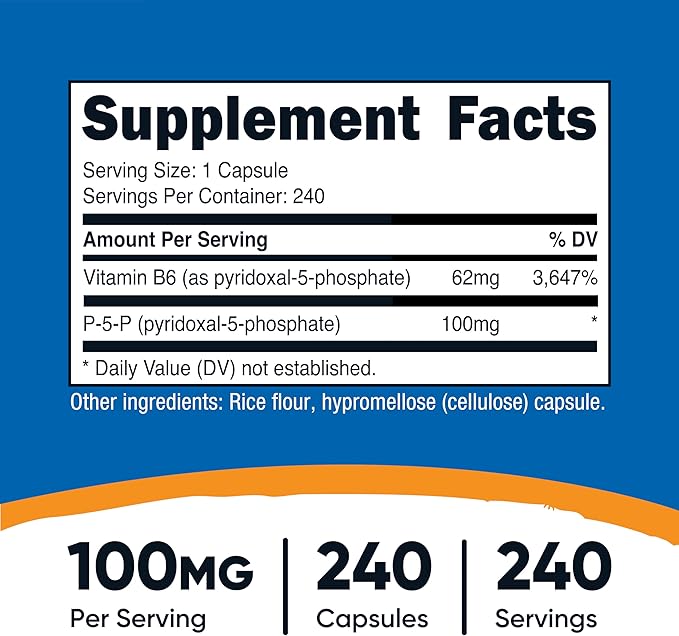 Nutricost P5P Vitamin B6 Supplement 100mg 240 Capsules (Pyridoxal-5-Phosphate) - Vegetarian Friendly Non-GMO Gluten Free