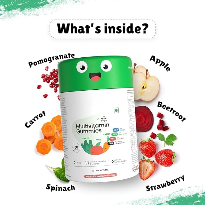 Multivitamin Gummies for Kids | 2-6 Years | 30 Gummies | with 12 Vitamins &amp Minerals | Improves Immunity Bone Health | No Added Sugar | Strawberry Flavour