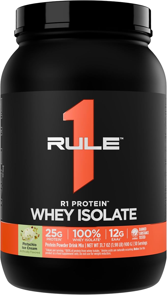 Rule 1 R1 Protein Whey Isolate - with 25g Protein &amp 6g BCAA Exclusively from Isolated &amp Hydrolyzed Sources for Workout Recovery (2 Pounds* Pistachio Ice Cream)