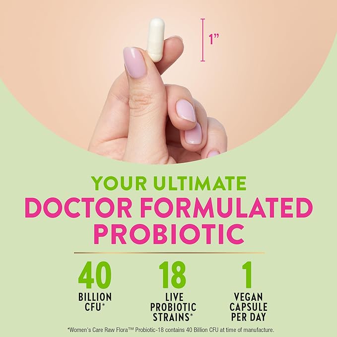Raw Flora Women's Probiotics | Dr. Formulated 40 Billion CFU + Prebiotics | Digestive Vaginal &amp Urinary Support | 33 Vegan Capsules with Cranberry &amp D-Mannose | Shelf Stable