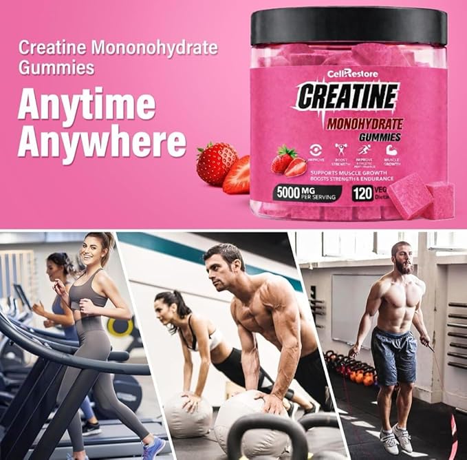 Creatine Monohydrate Gummies for Men &amp Women-5g of Creatine Monohydrate per Serving- Help Increase Strength and Build MuscleSugar FreeVeganStrawberry Flavor 120 Count