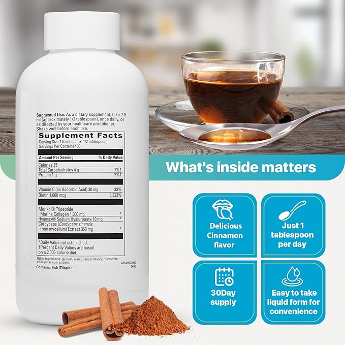 Liquid Collagen for Women and Men - 1000mg Hydrolyzed Peptides with 15% Tripeptides | Fast-Absorbing Anti-Aging Formula for Skin Renewal Hair Growth and Joint Support | 30-Day Supply Cinnamon Flavor