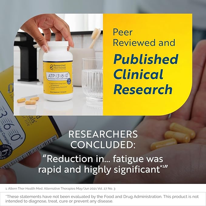 Researched Nutritionals ATP 360 - Mitochondrial Supplements to Support Entire Energy Cycle &amp Cell Membranes - Clinically Researched ATP Supplements High Dose CoQ10 R-Lipoic Acid &amp PQQ 90 Ca