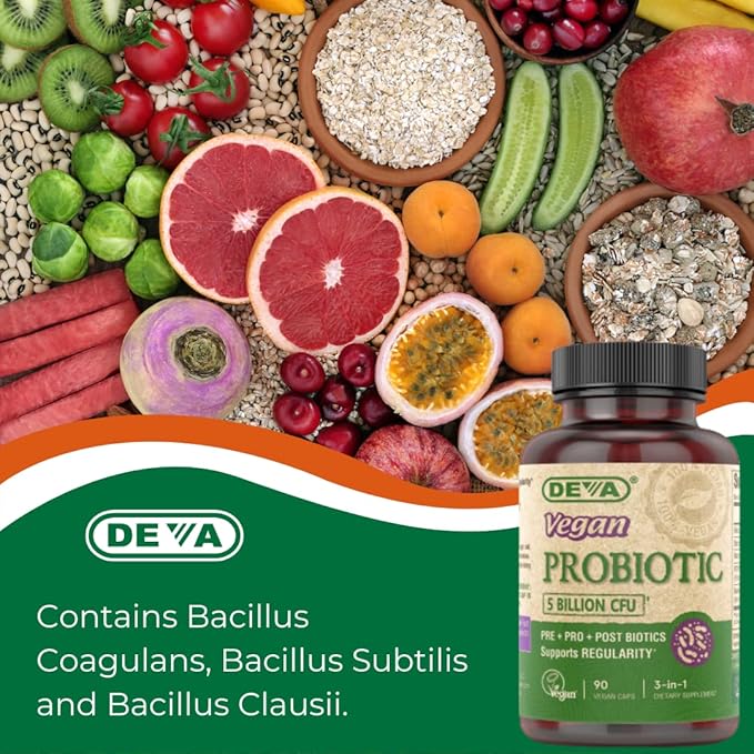 DEVA Vegan Probiotic 5 Billion CFU 2-Pack – Dairy-Free FOS Prebiotics Probiotics &amp Postbiotics Digestive Health Gut Support 90 Vegan Caps Ea