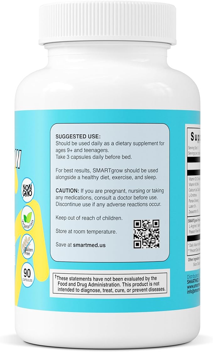 SMARTGROW Height Growth Supplement – Calcium Vitamin D3 L-Arginine – 5-in-1 Formula for Kids Teens Adults – Sleep Support Bone Strength Immunity Brain &amp Eye Health – 3 Month Supply