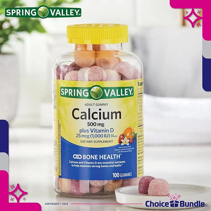 Choice Bundle Spring Valley Calcium 500 mg Plus Vitamin D 25 mcg Bone Health Dietary Supplement Gummies 100 Ct 2 pk (200 Total) + Vitamin Guide and Pill Container (4 Items)!