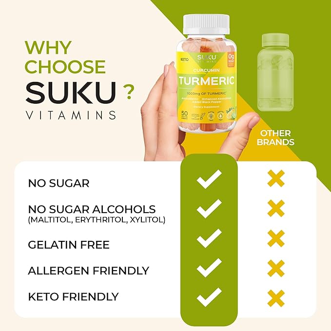 SUKU Turmeric Curcumin Sugar Free Gummies with 1003mg of Turmeric - Black Pepper Protects Liver Improves Digestion Inflammation Response &amp Joint Health – Lemon Lime Flavour (50 Gummies)