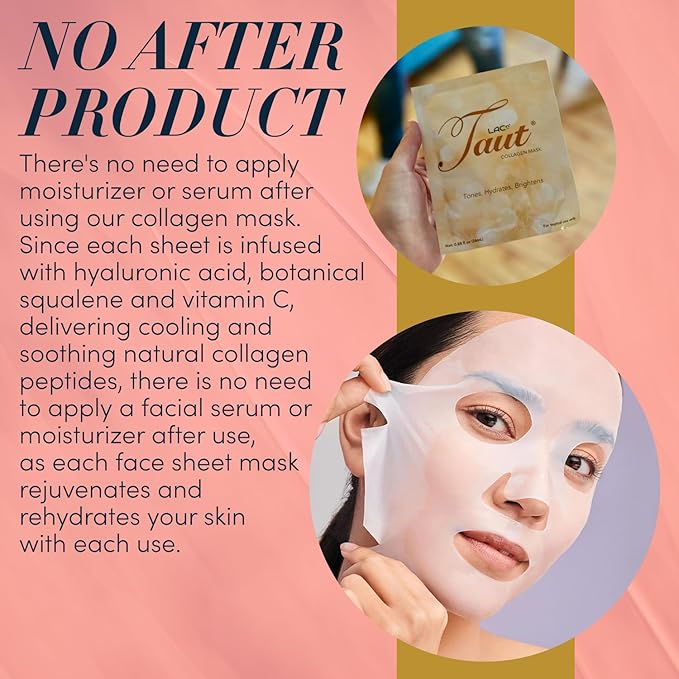 TAUT Collagen Face Mask – 5 Sheet Pack with Hyaluronic Acid Marine Collagen &amp Vitamin C – Hydrating Anti-Aging Sheet Mask for Firm Glowing Skin – Korean Skincare Inspired