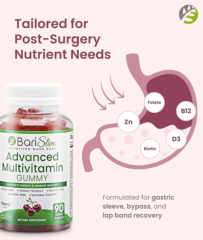 BariSlim Advanced Bariatric Multivitamin Gummies - Specially Formulated Bariatric Vitamins for Patients After Weight Loss Surgery - Supports Energy &amp Immune Health | Cherry (90 Vegan Gummies)