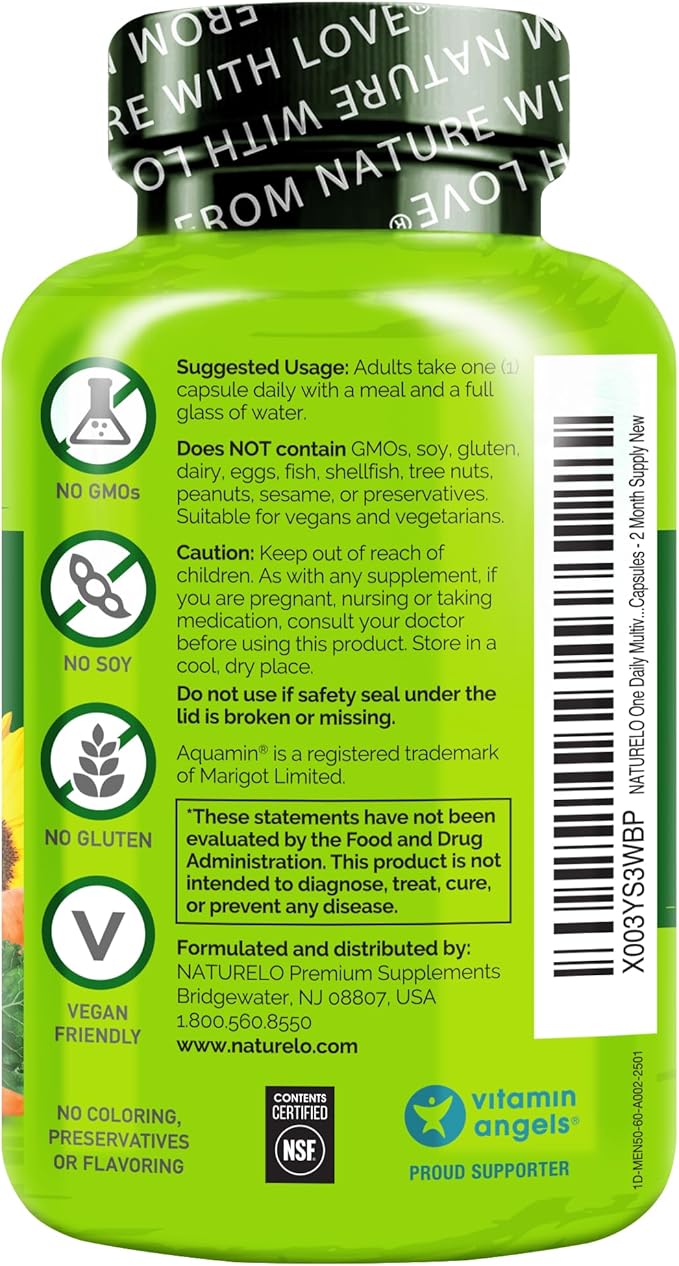 NATURELO Mens Multivitamins for Men 50+ - One Daily Multivitamin for Men with Vitamins Minerals &amp Organic Whole Foods Boost Energy &amp Health Non-GMO 60 Vegetarian Capsules