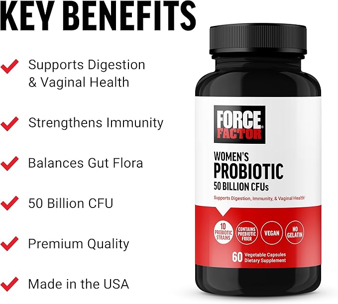 Force Factor Probiotic for Women 50 Billion CFU Women’s Probiotic for Digestive Health Immunity and Vaginal Health 10 Strains with Lactobacillus Acidophilus Vegan 60 Capsules