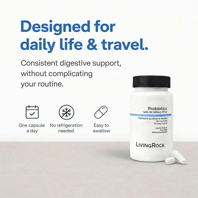 LivingRock Probiotics 60 Billion CFU – 14 Diverse Strains + Prebiotic Fiber (FOS) with Zinc &amp Vitamin D3 – Gluten-Free Non-GMO Dietary Supplement 60 Capsules