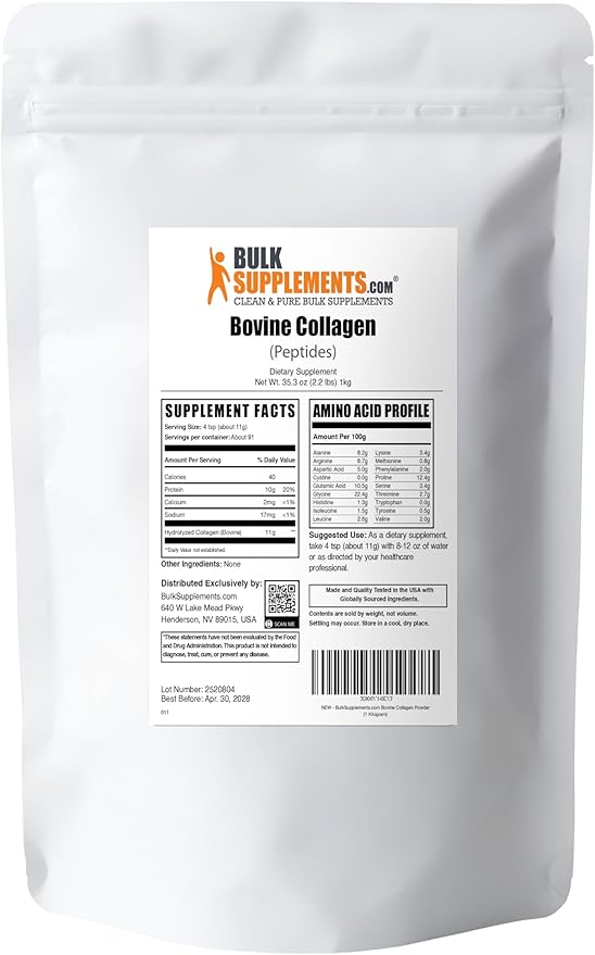 BulkSupplements.com Collagen Peptides Powder - Bovine Collagen Powder Powdered Collagen Supplement - Hydrolyzed &amp Gluten Free 11g per Serving 1kg (2.2 lbs) (Pack of 1)