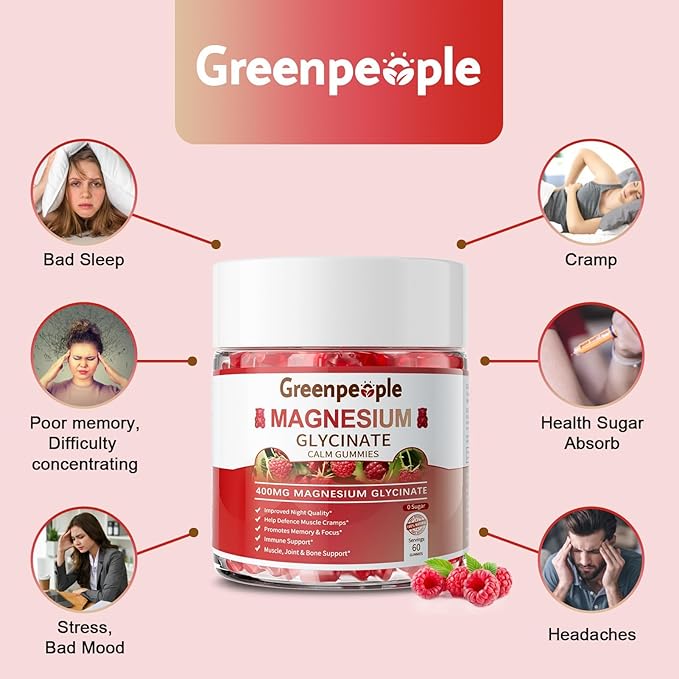 GREENPEOPLE Magnesium Glycinate Gummies 400mg - Sugar Free Magnesium Supplement with Magnesio Citrate Vitamin D and B6 for Calm Support &amp Sleep for Adults - High Absorption - Raspberry Gummies