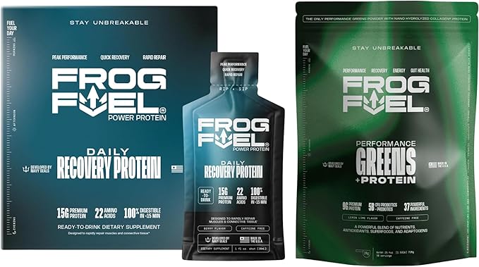 Frog Fuel Power Regular Protein Shot &amp Performance Greens Protein Powder 15g Protein Nano-Hydrolyzed Grass Fed Collagen &amp Nano-Hydrolyzed Grass Fed Protein Greens Powder 24 Pack &amp 30 Ser