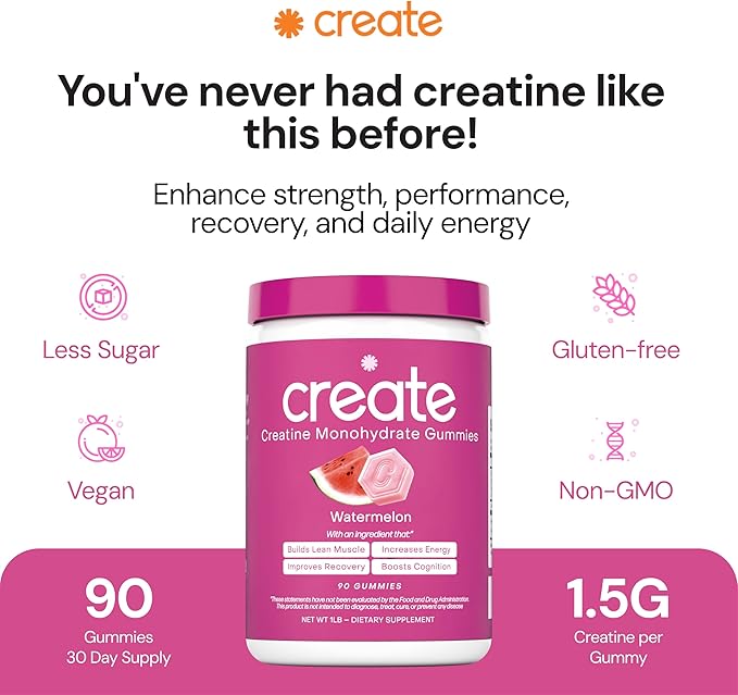 Create Creatine Monohydrate Gummies - Beach Day Duo - Sour Peach &amp Watermelon - Creatine Gummies for Women &amp Men NSF Certified 3rd Party Tested Anti-Melting Formula 180 Count (2-Pack)