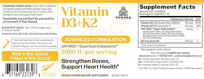 TURNER Vitamin D3 and K2 Caps High Potency D3 2000IU and K2 (MK7) 80mcg Unique VIT D3 from 100% New Zealand Sheep's Wool Lanolin. Cardiovascular Support &amp Bone Health 240 Softgels 4 Month Suppl