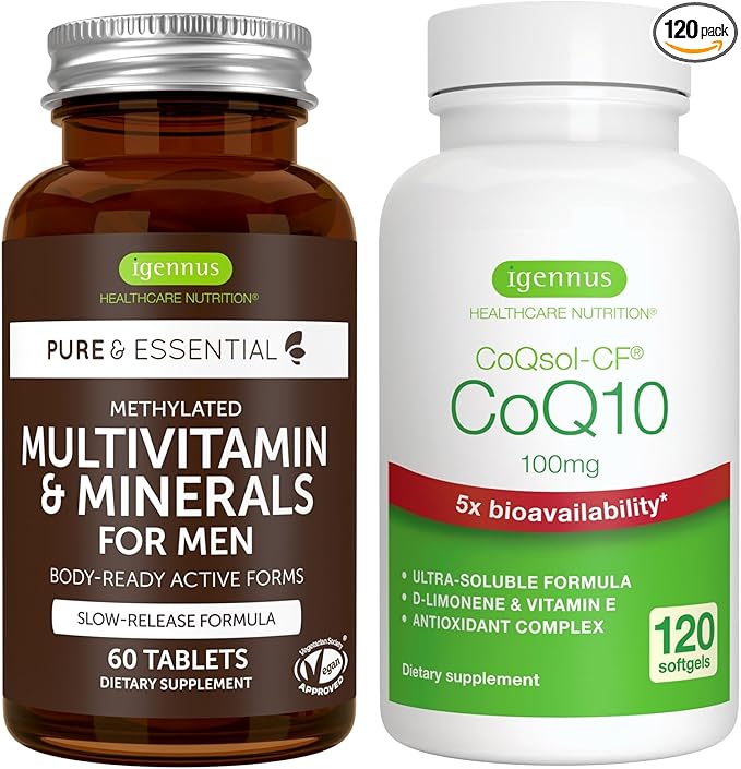 Multivitamin &amp Minerals for Men + High Absorption CoQ10 100mg 120 Softgels Energy Bundle Sustained Release Advanced Multivitamin + CoQ10 with Vitamin E &amp D-Limonene by Igennus
