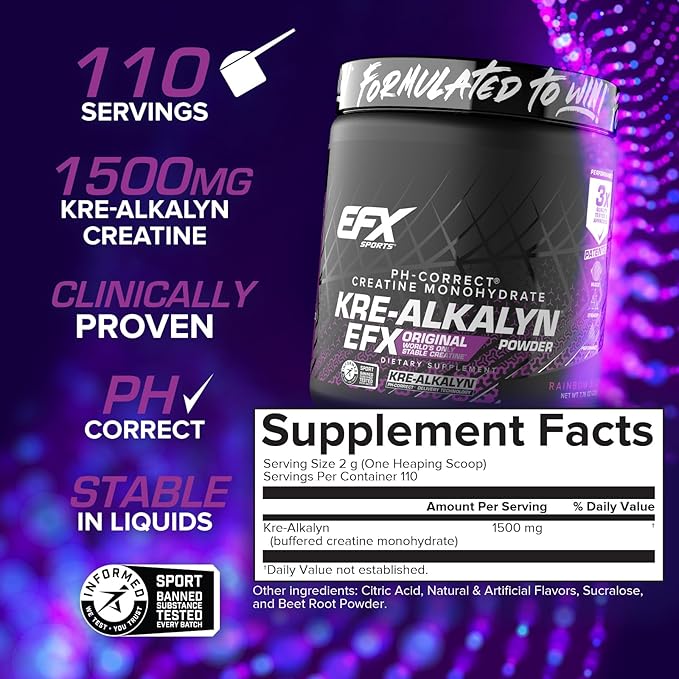 EFX Sports Kre-Alkalyn EFX Powder | pH Correct Creatine Monohydrate Powder Supplement | Strength Muscle Growth &amp Performance | 110 Servings (Rainbow Blast)