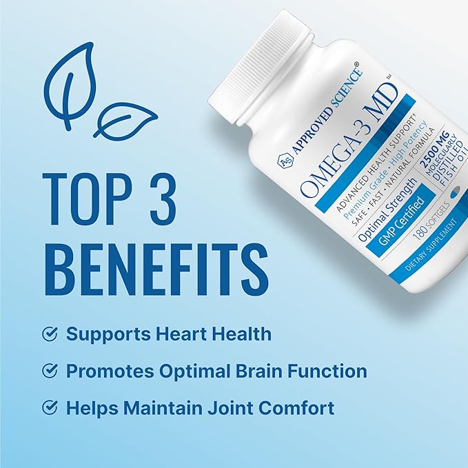 Omega-3 MD - EPA &amp DHA Supplement - 2500mg Omega 3 Fish Oil for Heart Health Brain Support Joint Comfort &amp Overall Wellness - 1 Bottle - 3 Month Supply