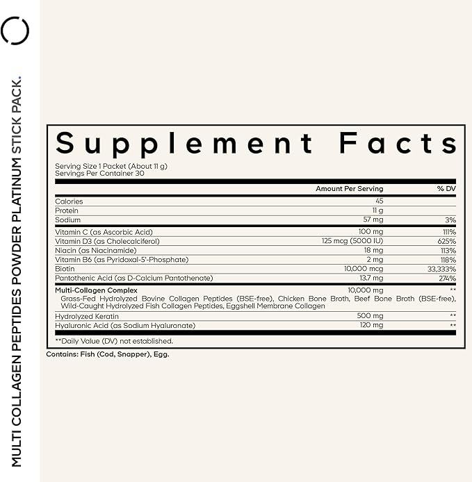 Codeage Multi Collagen and Biotin 10000 mcg + Vitamin C B6 &amp D3 Keratin Hyaluronic Acid Niacin 18 Amino Acids - Stick Packs Supplement - 5 Types Collagen Protein – 30 Powder Packets