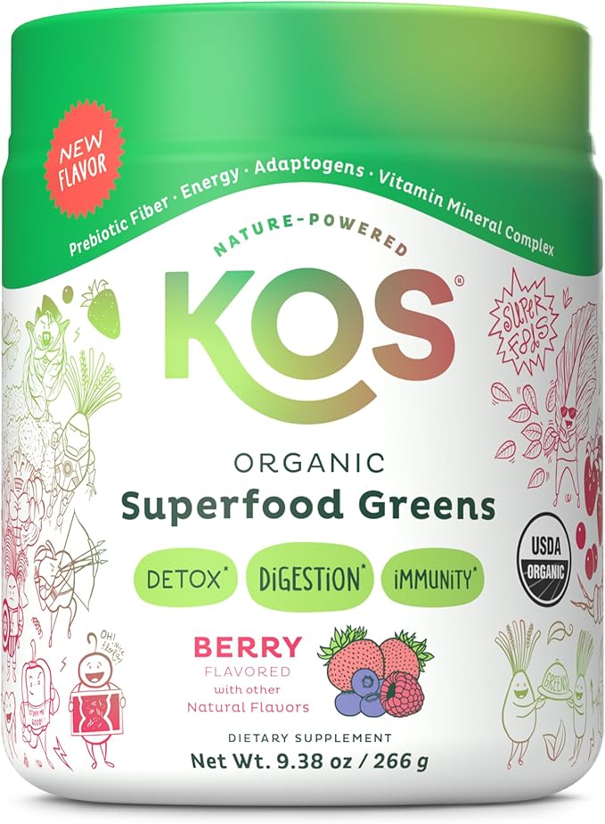 KOS Organic Superfood Greens Powder - Gut Health from Prebiotic Fiber Supergreens and Adaptogens - USDA Certified Organic Made in a GMP Certified Facility - 28 Servings Berry